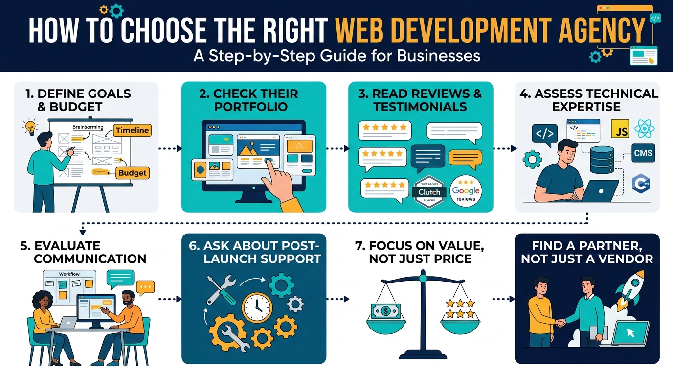 Infographic of seven proven steps to choose the right web development agency, from defining goals to checking portfolios, reviews, communication and support