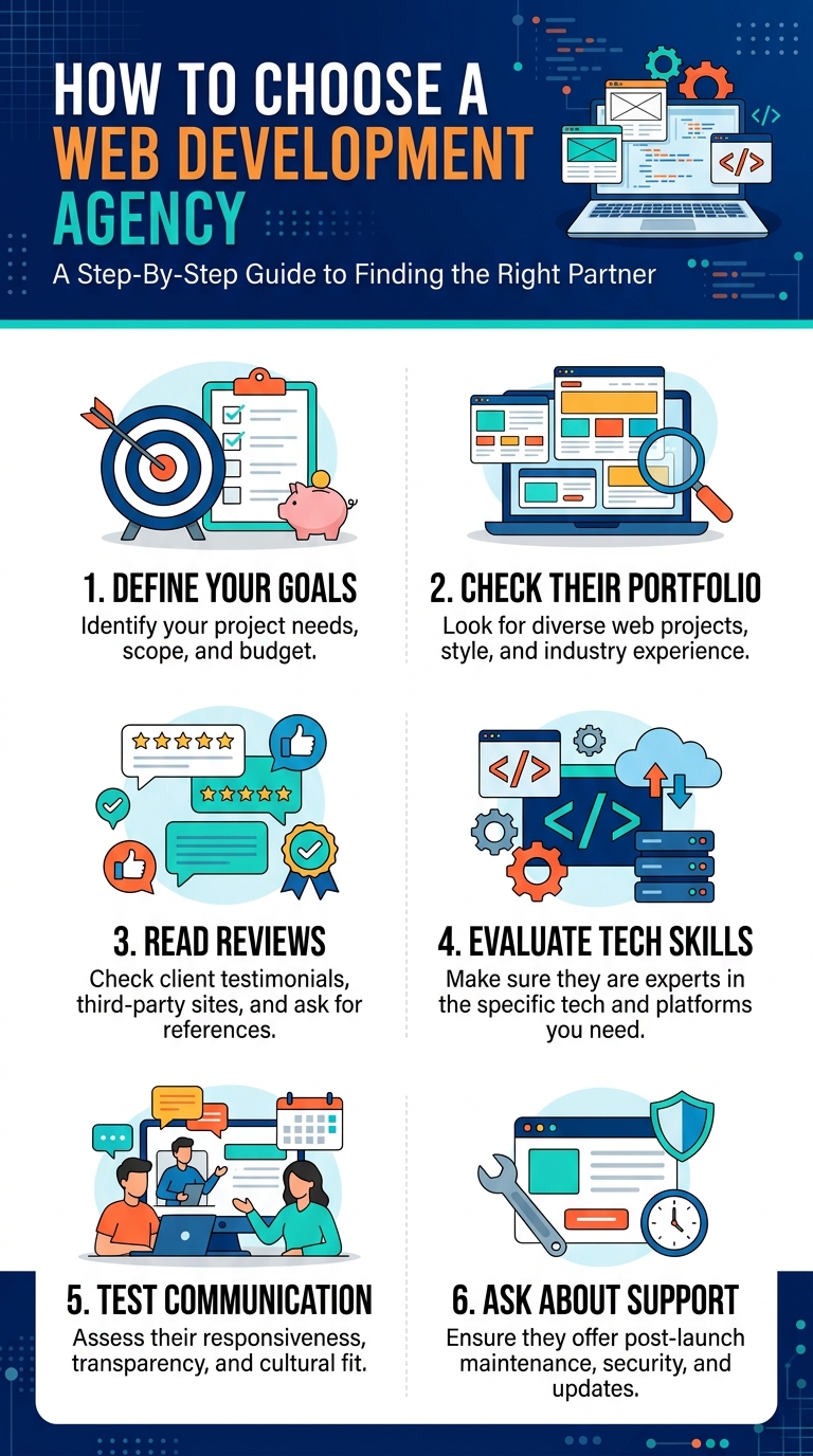 Infographic showing six steps for choosing a digital agency web development partner: define your goals, check the portfolio, read client reviews, evaluate technical skills, test communication and ask about support.