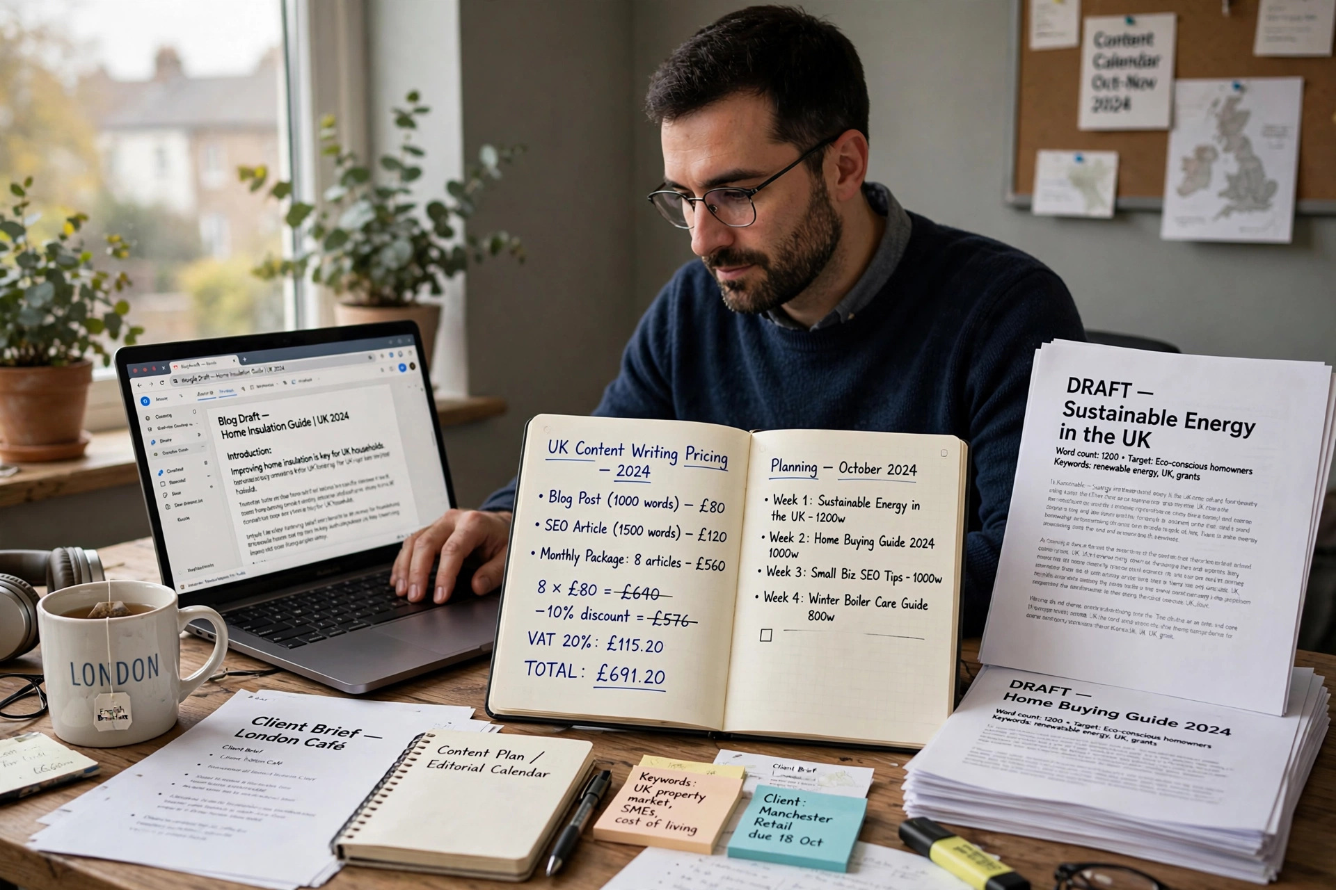 Writer planning how much does content writing cost uk project at a desk with laptop and notes