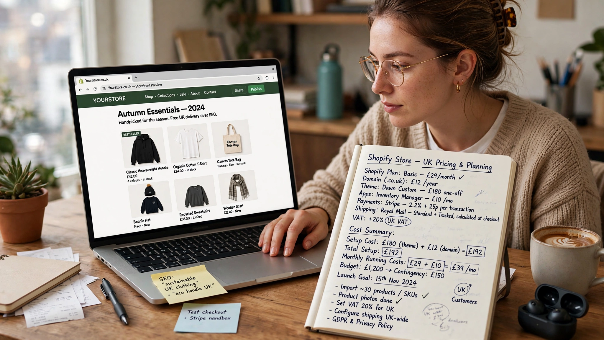 Designer building a Shopify website cost UK project on a laptop showing an online store