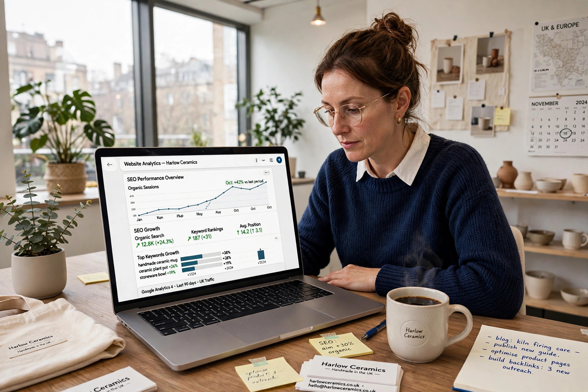UK small business owner reviewing the benefits of SEO for small business on a laptop